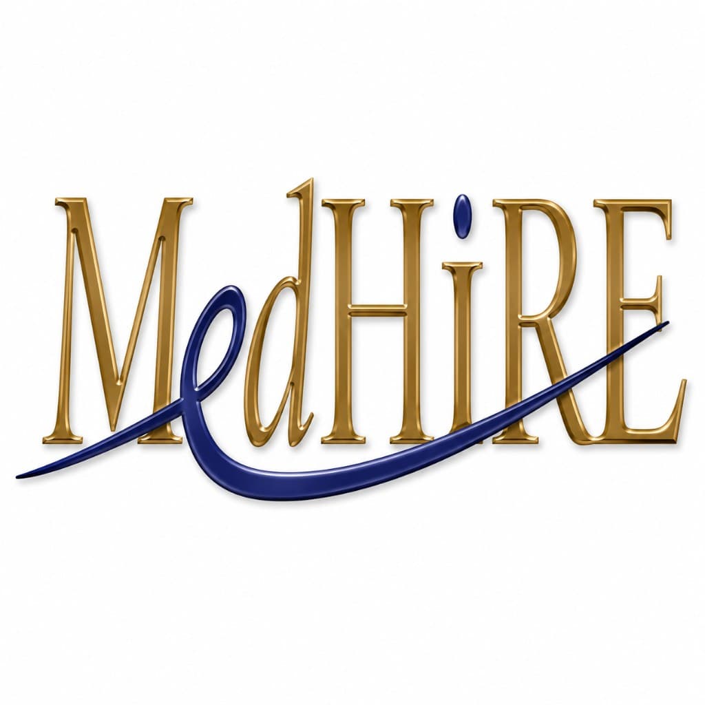 Gold serif MedHIRE logotype with a dark blue flourish sweeping through the letters.