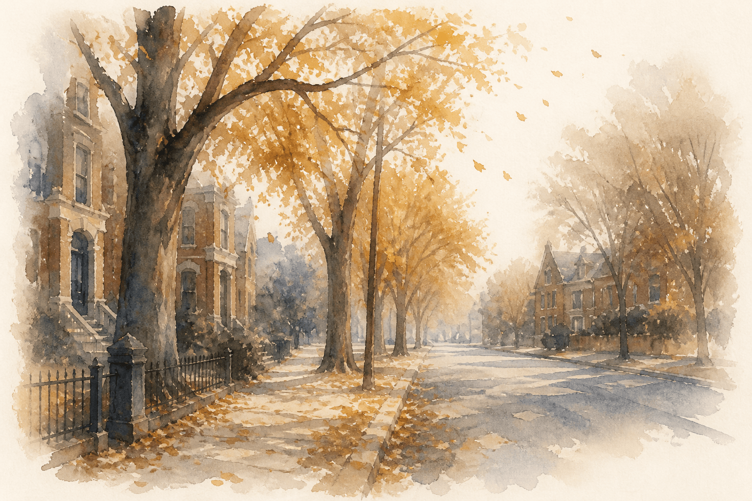 Watercolor-style illustration, created for this page, of an empty tree-lined St. Louis street on a warm October morning with amber leaves falling.