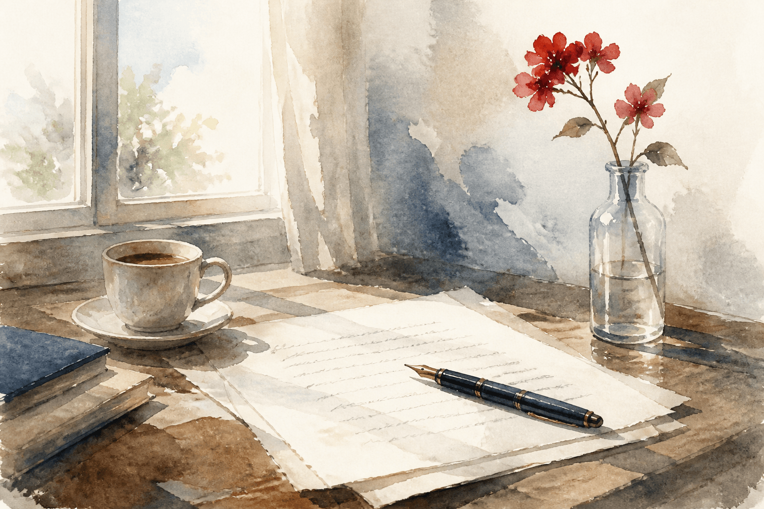 Watercolor-style illustration, created for this page, of a quiet writing desk with a pen, handwritten pages, a cup of coffee, and red flowers in a vase by a window.